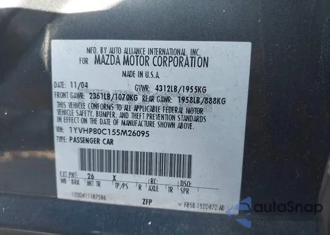 2005 Mazda Mazda6 I Sport из США, поврежденный, VIN 1YVHP80C155M26095